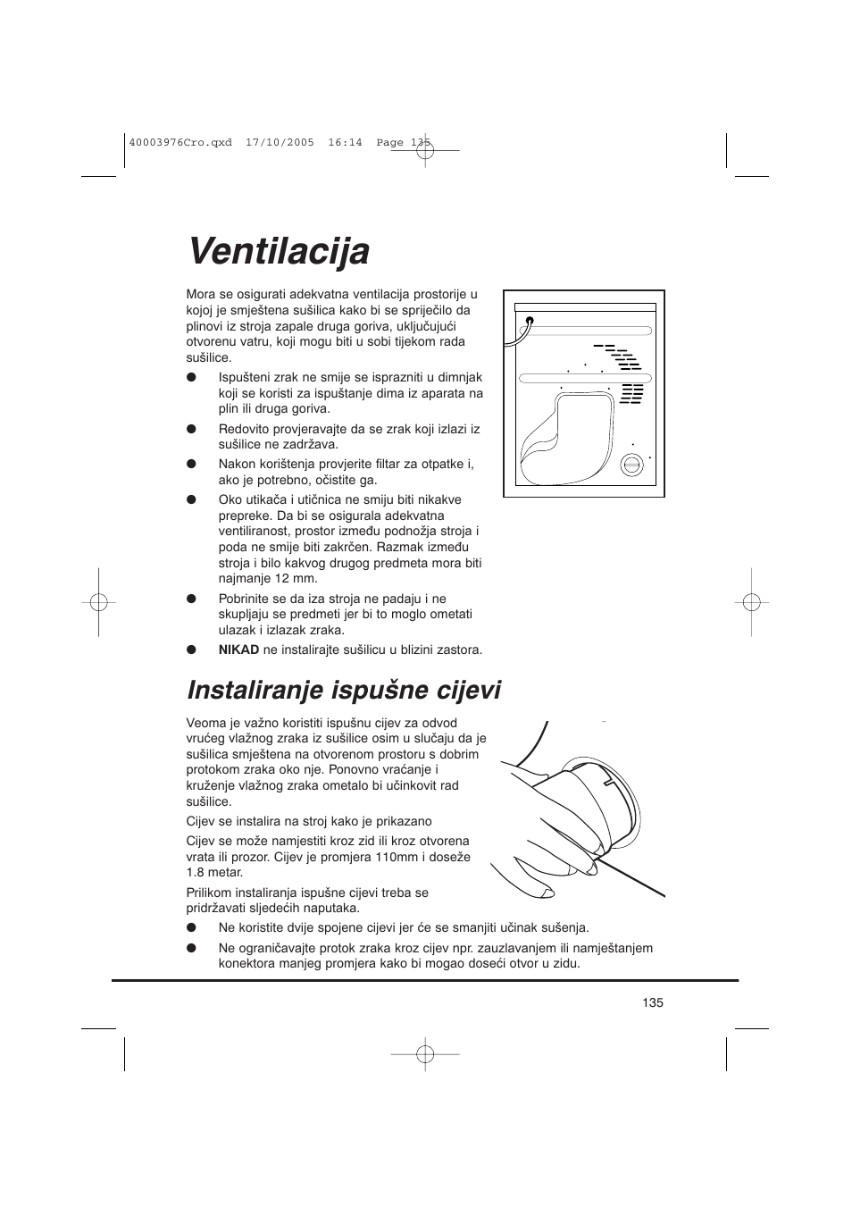 Ventilacija, Instaliranje ispušne cijevi | Candy CV1 66- S User Manual | Page 135 / 164