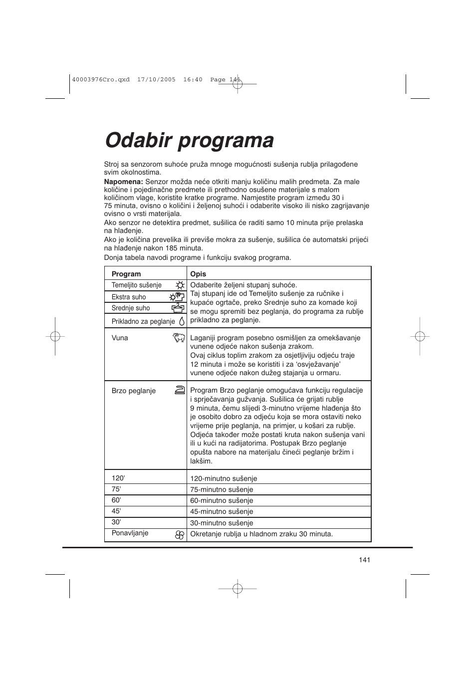Odabir programa | Candy CV1 66- S User Manual | Page 141 / 164