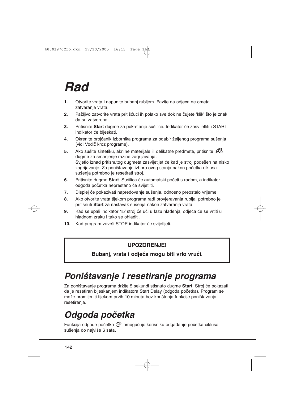 Poništavanje i resetiranje programa, Odgoda početka | Candy CV1 66- S User Manual | Page 142 / 164
