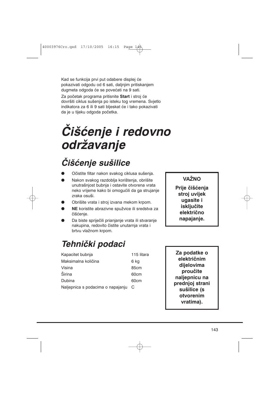 Čišćenje i redovno održavanje, Čišćenje sušilice, Tehnički podaci | Candy CV1 66- S User Manual | Page 143 / 164