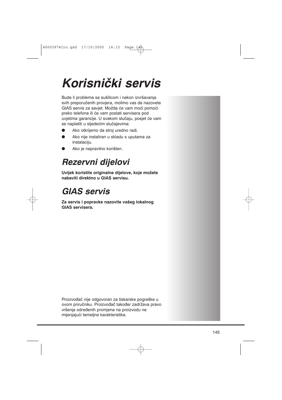 Korisnički servis, Rezervni dijelovi, Gias servis | Candy CV1 66- S User Manual | Page 145 / 164