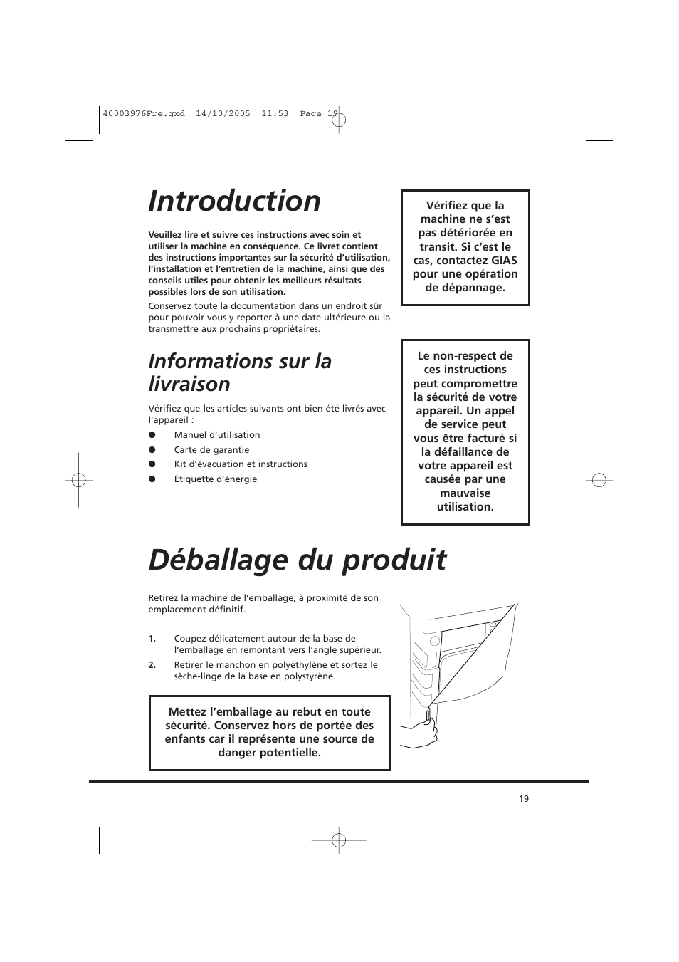Introduction, Déballage du produit, Informations sur la livraison | Candy CV1 66- S User Manual | Page 19 / 164
