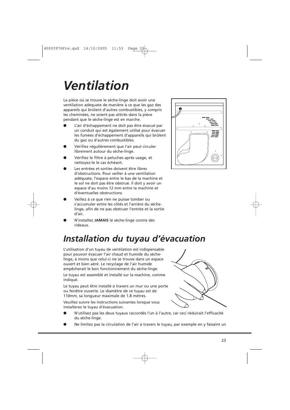 Ventilation, Installation du tuyau d’évacuation | Candy CV1 66- S User Manual | Page 23 / 164