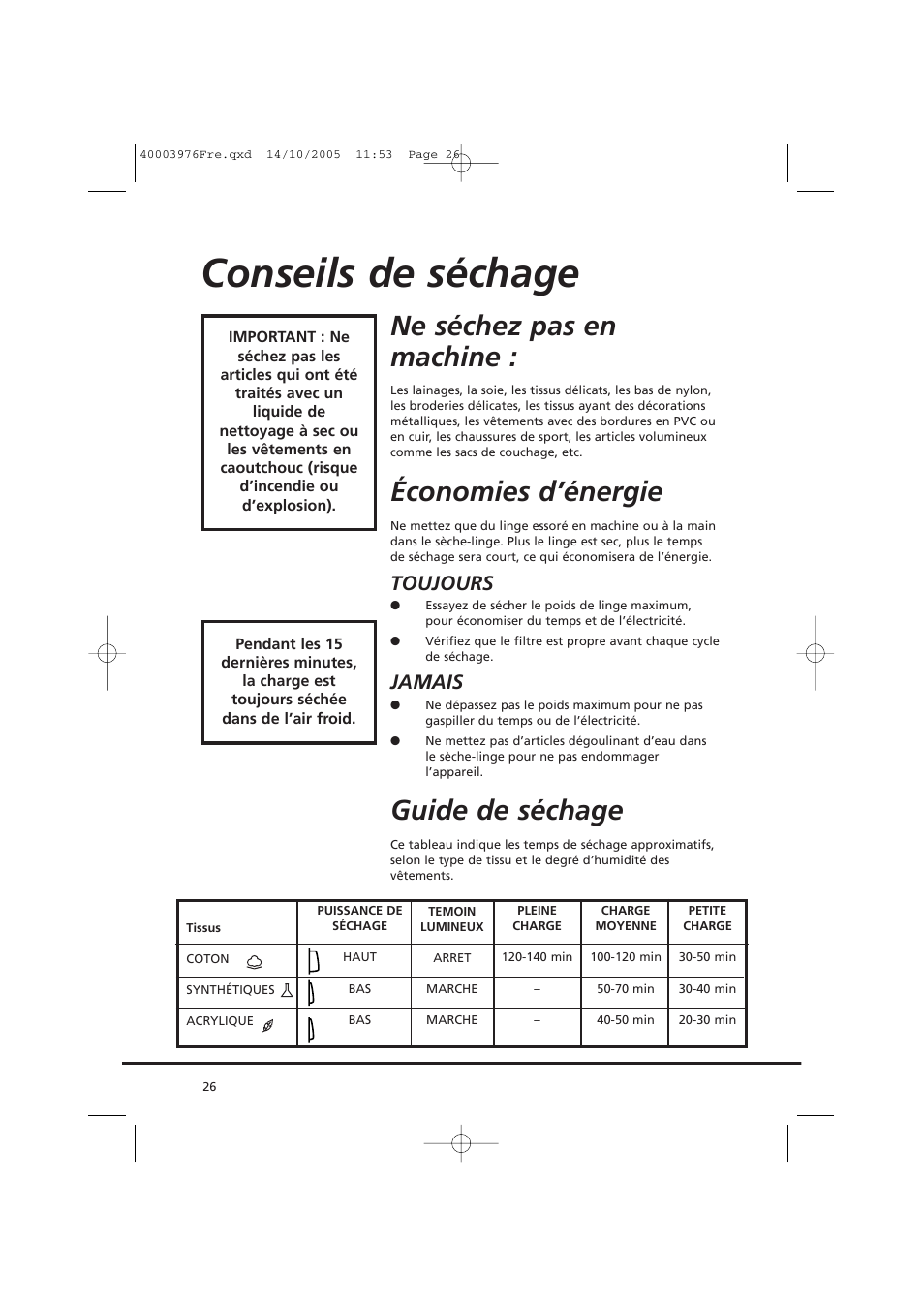 Conseils de séchage, Ne séchez pas en machine, Économies d’énergie | Guide de séchage, Toujours, Jamais | Candy CV1 66- S User Manual | Page 26 / 164