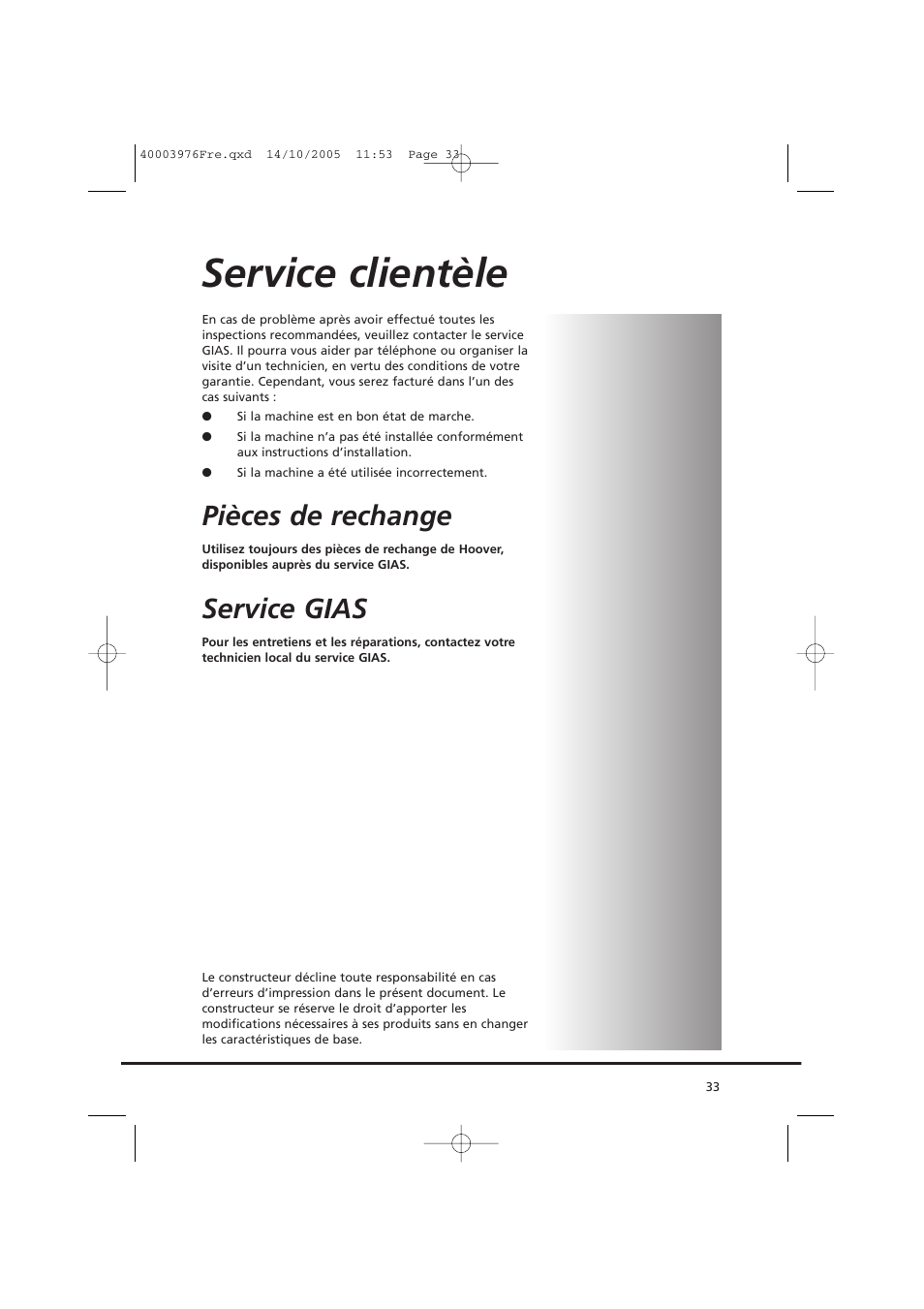 Service clientèle, Pièces de rechange, Service gias | Candy CV1 66- S User Manual | Page 33 / 164