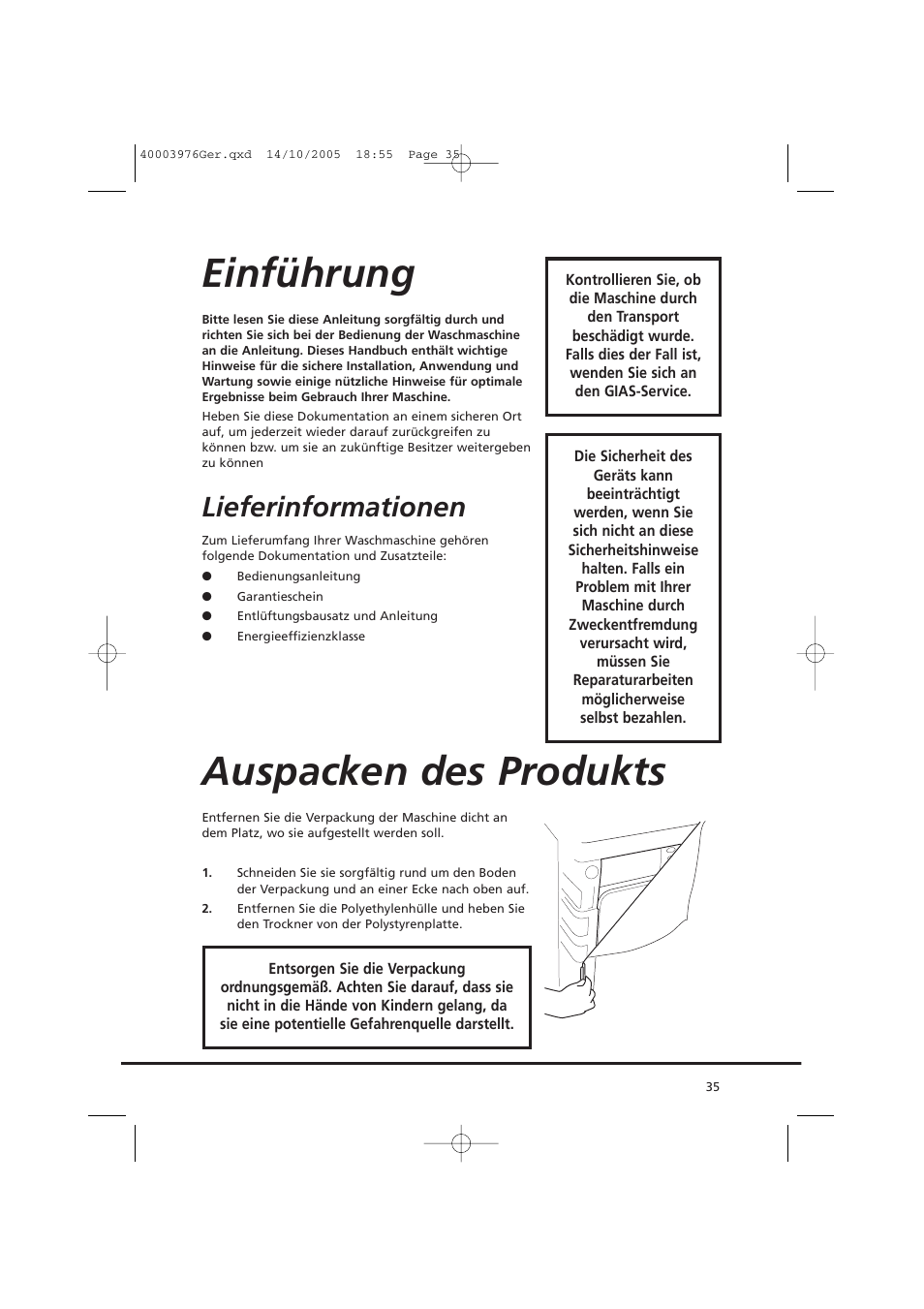 Einführung, Auspacken des produkts, Lieferinformationen | Candy CV1 66- S User Manual | Page 35 / 164