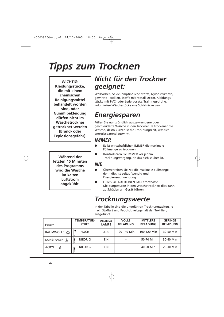 Tipps zum trocknen, Nicht für den trockner geeignet, Energiesparen | Trocknungswerte, Immer | Candy CV1 66- S User Manual | Page 42 / 164