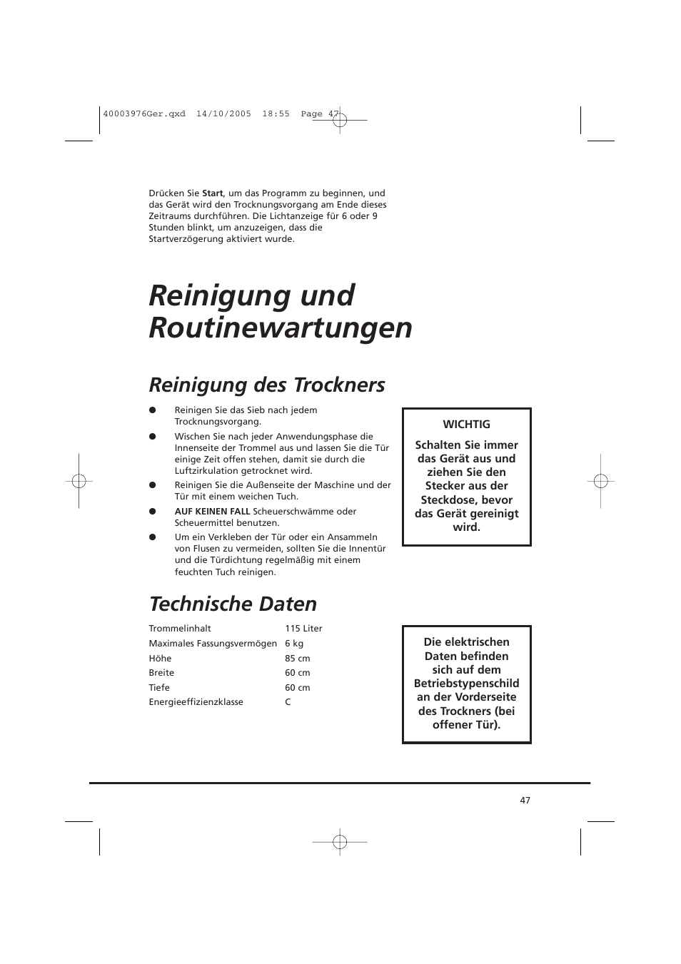 Reinigung und routinewartungen, Reinigung des trockners, Technische daten | Candy CV1 66- S User Manual | Page 47 / 164