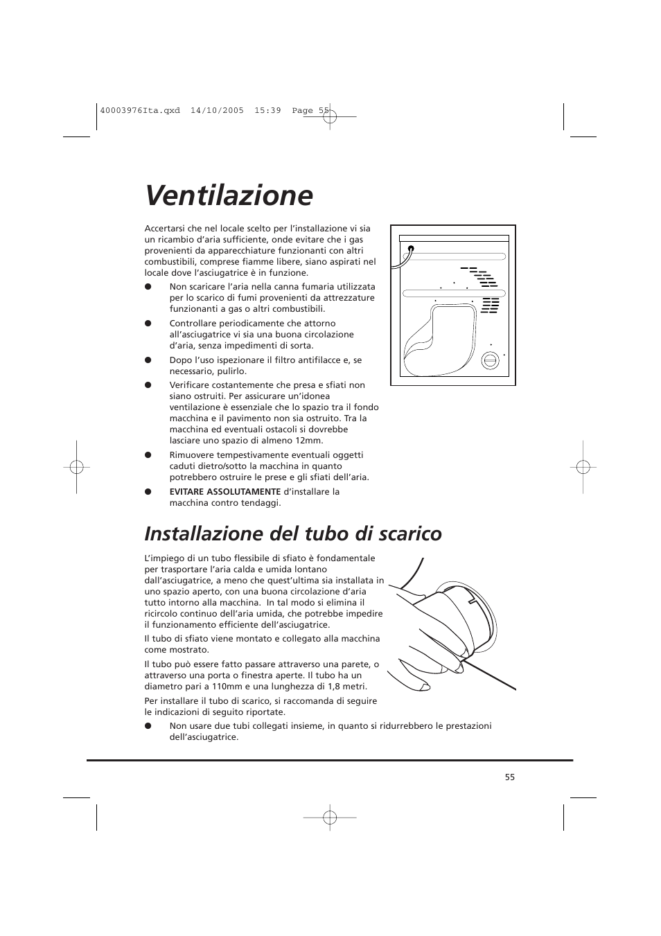 Ventilazione, Installazione del tubo di scarico | Candy CV1 66- S User Manual | Page 55 / 164