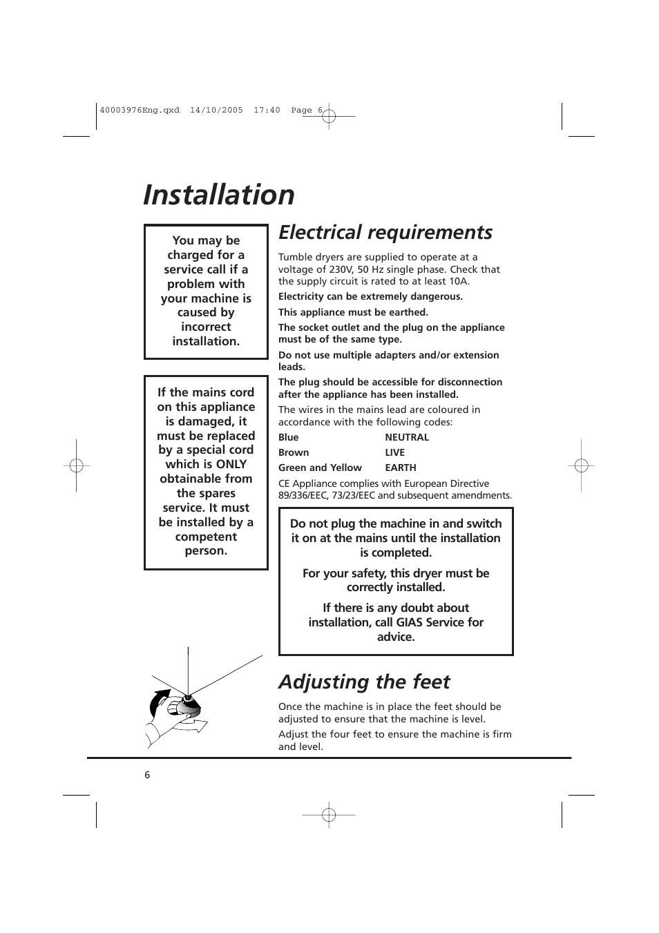 Installation, Electrical requirements, Adjusting the feet | Candy CV1 66- S User Manual | Page 6 / 164