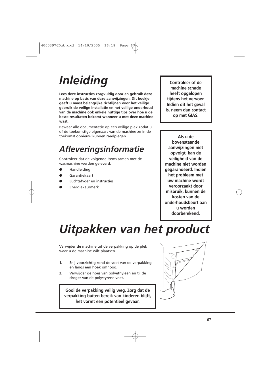 Inleiding, Uitpakken van het product, Afleveringsinformatie | Candy CV1 66- S User Manual | Page 67 / 164