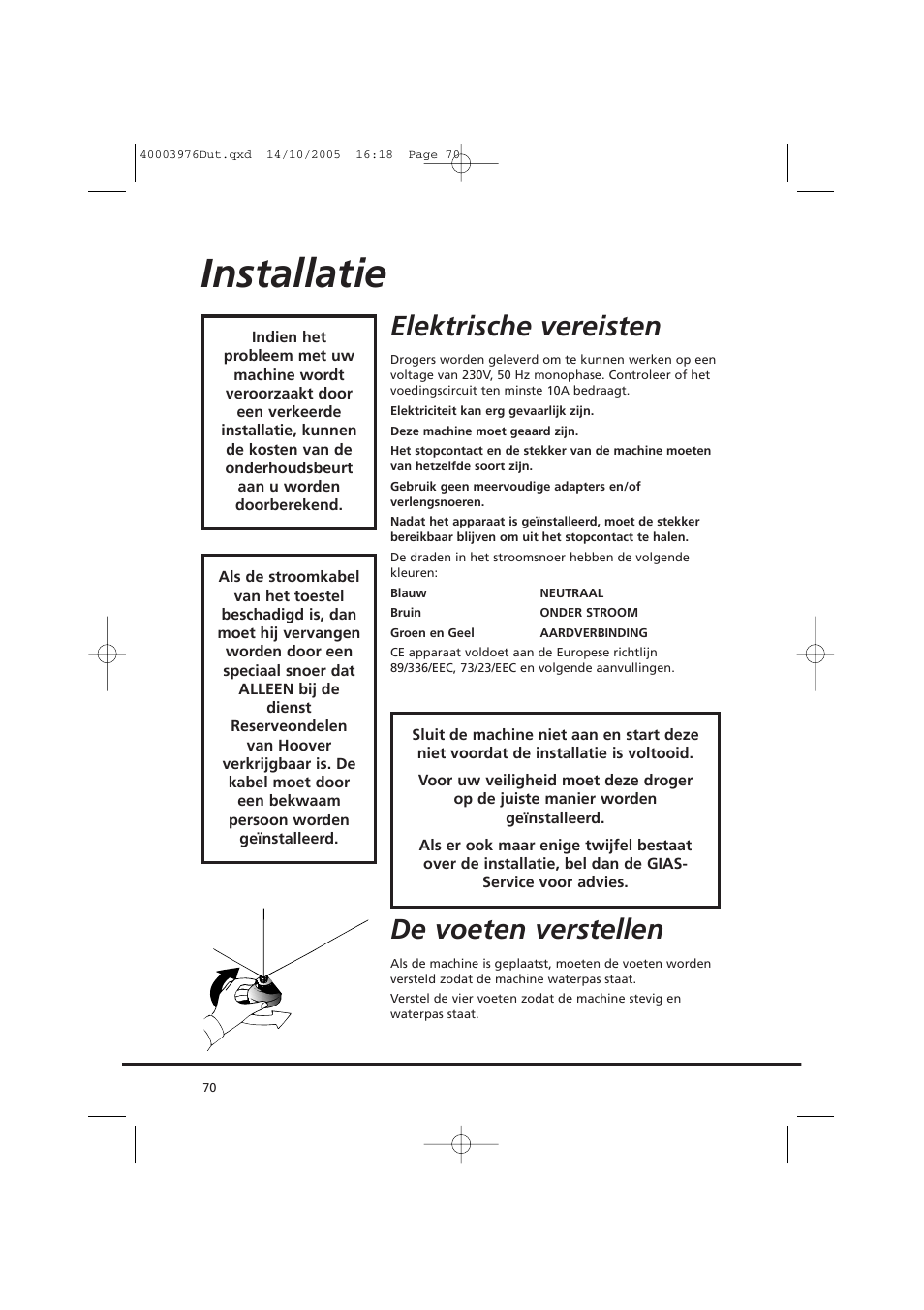 Installatie, Elektrische vereisten, De voeten verstellen | Candy CV1 66- S User Manual | Page 70 / 164