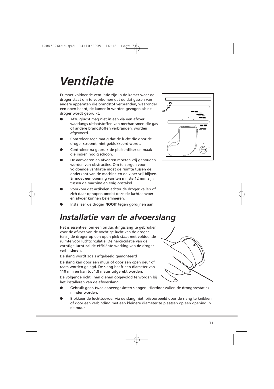 Ventilatie, Installatie van de afvoerslang | Candy CV1 66- S User Manual | Page 71 / 164