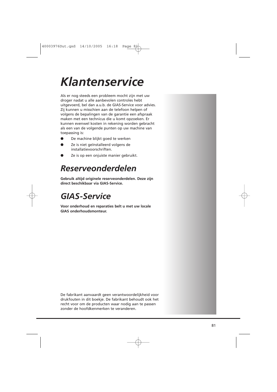 Klantenservice, Reserveonderdelen, Gias-service | Candy CV1 66- S User Manual | Page 81 / 164