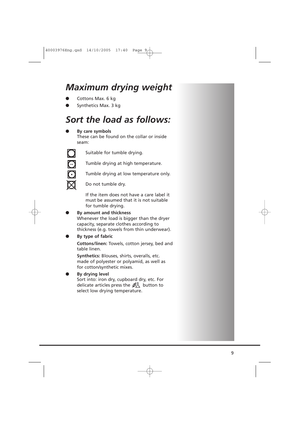 Maximum drying weight, Sort the load as follows | Candy CV1 66- S User Manual | Page 9 / 164