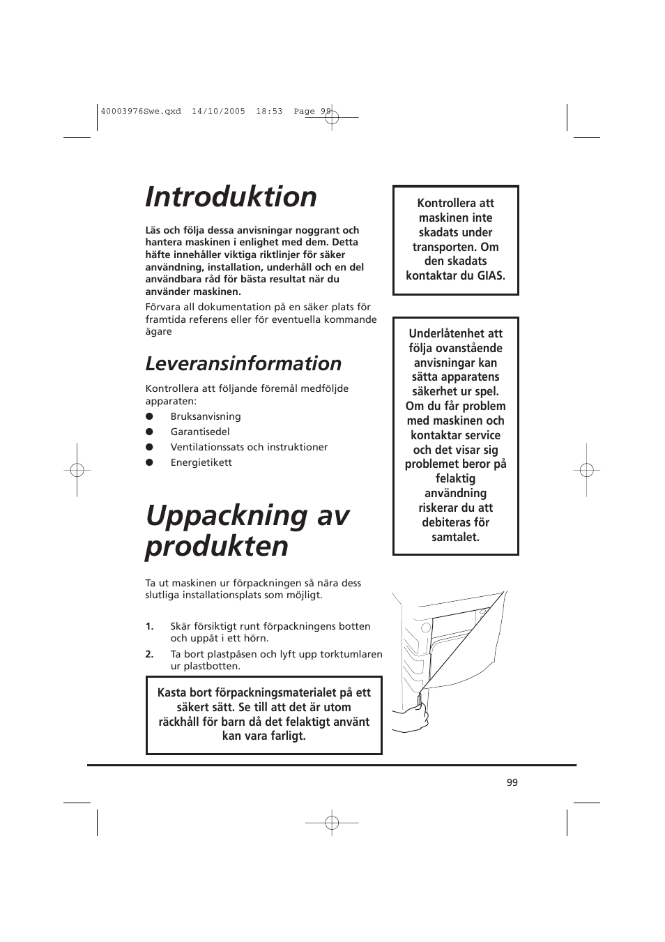 Introduktion, Uppackning av produkten, Leveransinformation | Candy CV1 66- S User Manual | Page 99 / 164