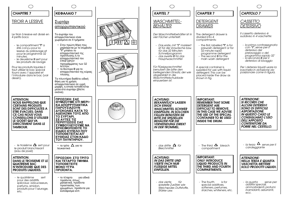 Tiroir a lessive, Waschmittel- behälter, Detergent drawer | Cassetto detersivo | Candy CJ 473 User Manual | Page 15 / 33