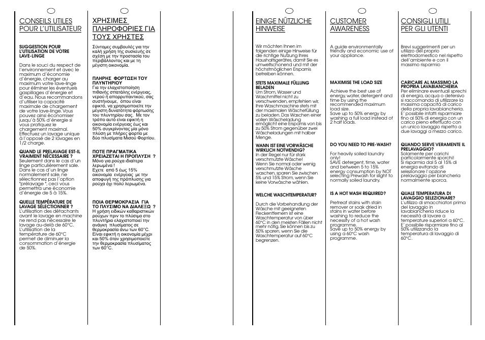 Einige nützliche hinweise, Customer awareness, Consigli utili per gli utenti | Conseils utiles pour l’utilisateur | Candy CJ 473 User Manual | Page 17 / 33