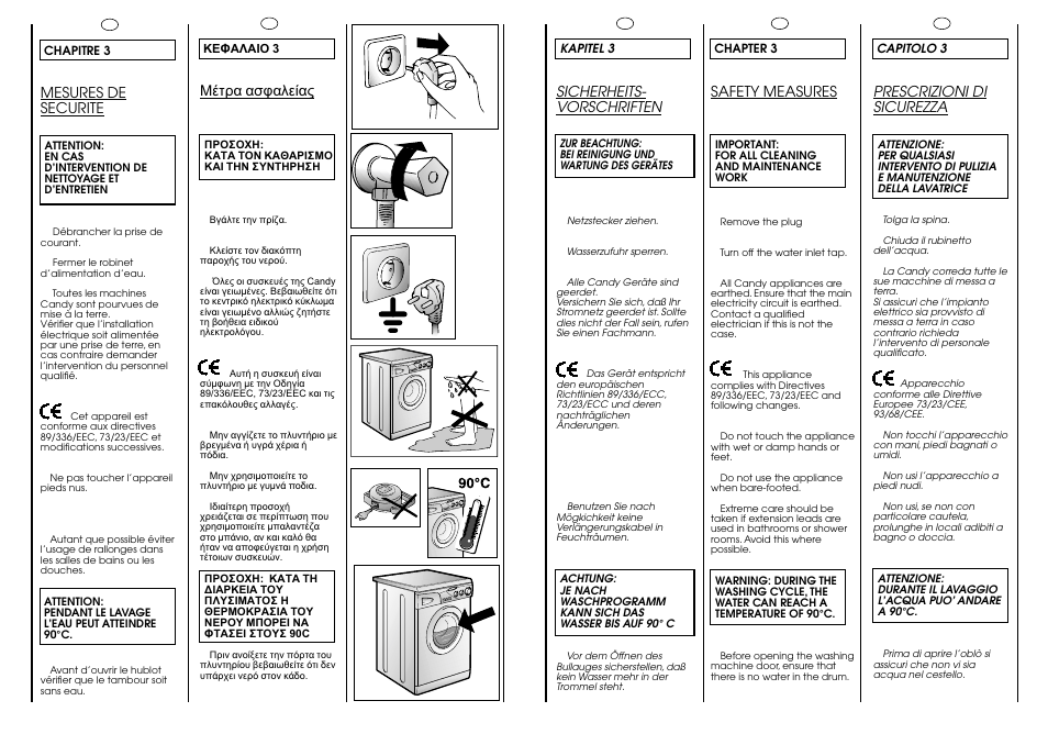 Sicherheits- vorschriften, Safety measures, Prescrizioni di sicurezza | Mesures de securite | Candy CJ 473 User Manual | Page 6 / 33