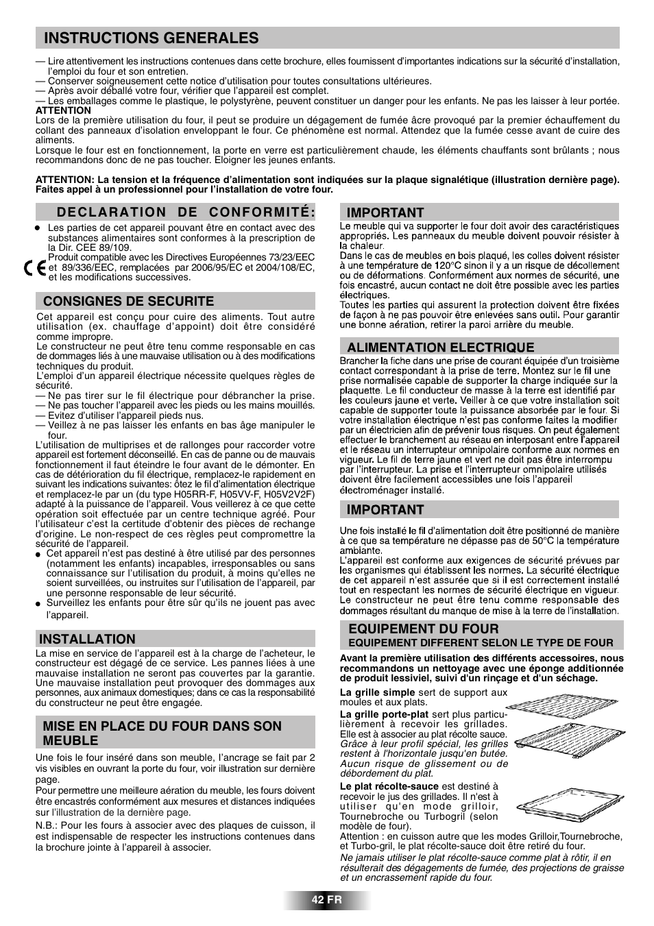 Instructions generales, Consignes de securite, Installation | Mise en place du four dans son meuble, Equipement du four | Candy FCL 602 AV User Manual | Page 19 / 43