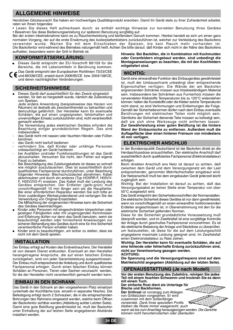 Allgemeine hinweise, Wichtig, Elektrischer anschluß | Konformitätserklärung, Sicherheitshinweise, Installation, Einbau in den schrank, Ofenausstattung (je nach modell) | Candy FCL 602 AV User Manual | Page 27 / 43