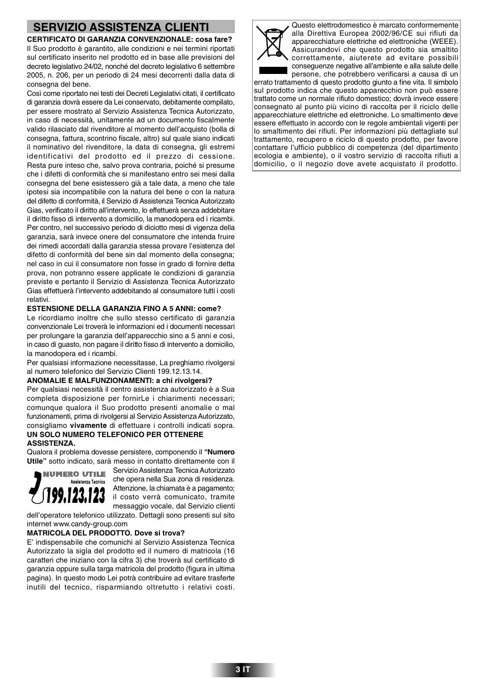 Servizio assistenza clienti | Candy FCL 602 AV User Manual | Page 3 / 43