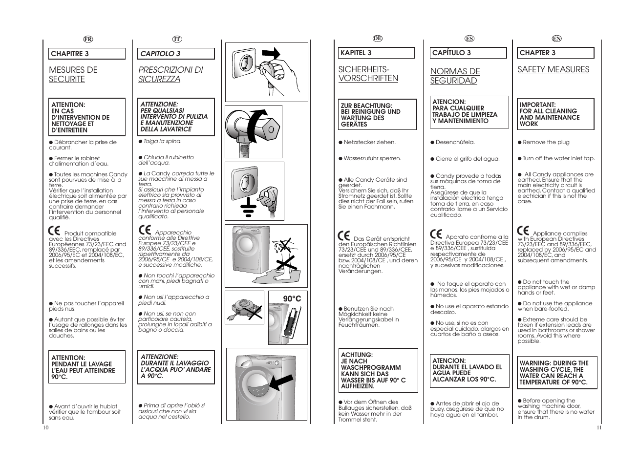 Prescrizioni di sicurezza, Mesures de securite, Sicherheits- vorschriften | Safety measures, Normas de seguridad | Candy GO 1672D__1-89S User Manual | Page 6 / 41