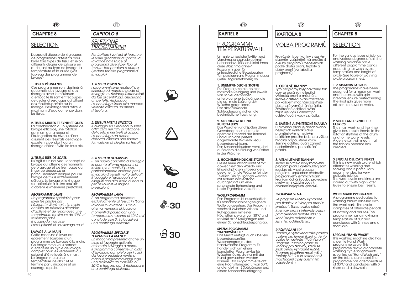 Selection, Programm/ temperaturwahl, Selezione programmi | Volba programå | Candy GO F127__2-37S User Manual | Page 24 / 41