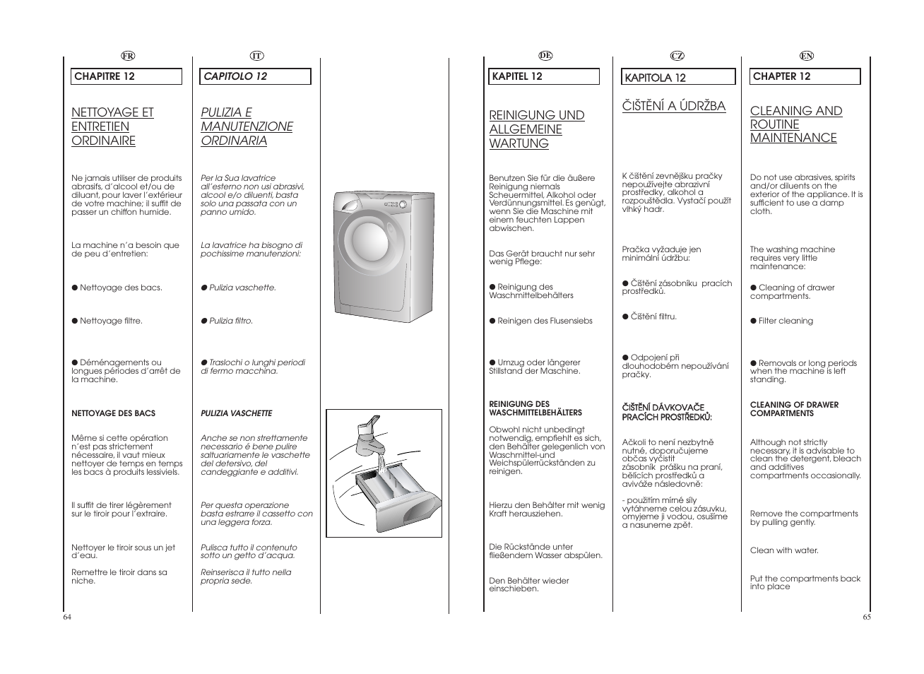 Pulizia e manutenzione ordinaria, Nettoyage et entretien ordinaire, Reinigung und allgemeine wartung | Cleaning and routine maintenance, Öiätëní a údrïba | Candy GO F127__2-37S User Manual | Page 33 / 41