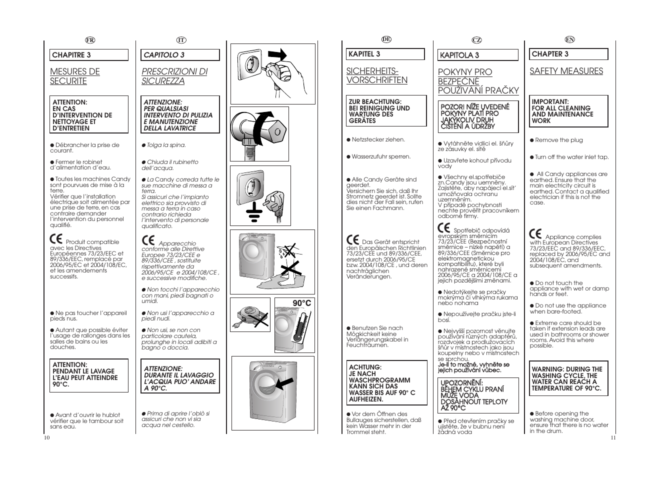 Prescrizioni di sicurezza, Mesures de securite, Sicherheits- vorschriften | Safety measures, Pokyny pro bezpeöné pouïívání praöky | Candy GO 1282DS-18S User Manual | Page 6 / 41