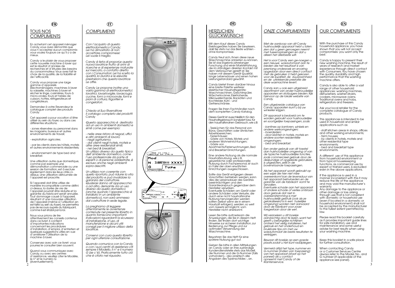 Complimenti, Tous nos compliments, Herzlichen glückwunsch | Onze complimenten, Our compliments | Candy CO 166F__L1-S User Manual | Page 2 / 41
