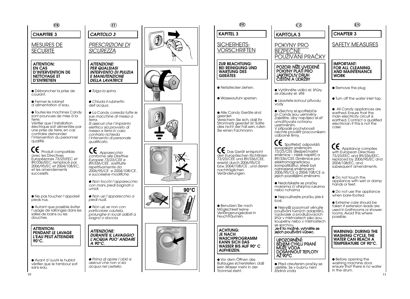 Prescrizioni di sicurezza, Mesures de securite, Sicherheits- vorschriften | Safety measures, Pokyny pro bezpeöné pouïívání praöky | Candy GO4 1272D__L1-S User Manual | Page 6 / 41