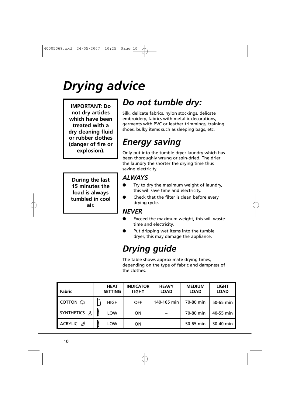 Drying advice, Do not tumble dry, Energy saving | Drying guide, Always, Never | Candy GO DC 78-86S User Manual | Page 10 / 92