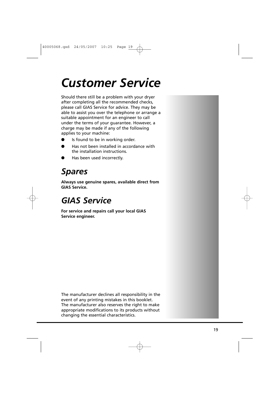 Customer service, Spares, Gias service | Candy GO DC 78-86S User Manual | Page 19 / 92