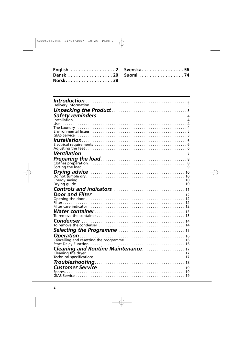 Introduction, Unpacking the product, Safety reminders | Installation, Ventilation, Preparing the load, Drying advice, Controls and indicators, Door and filter, Water container | Candy GO DC 78-86S User Manual | Page 2 / 92