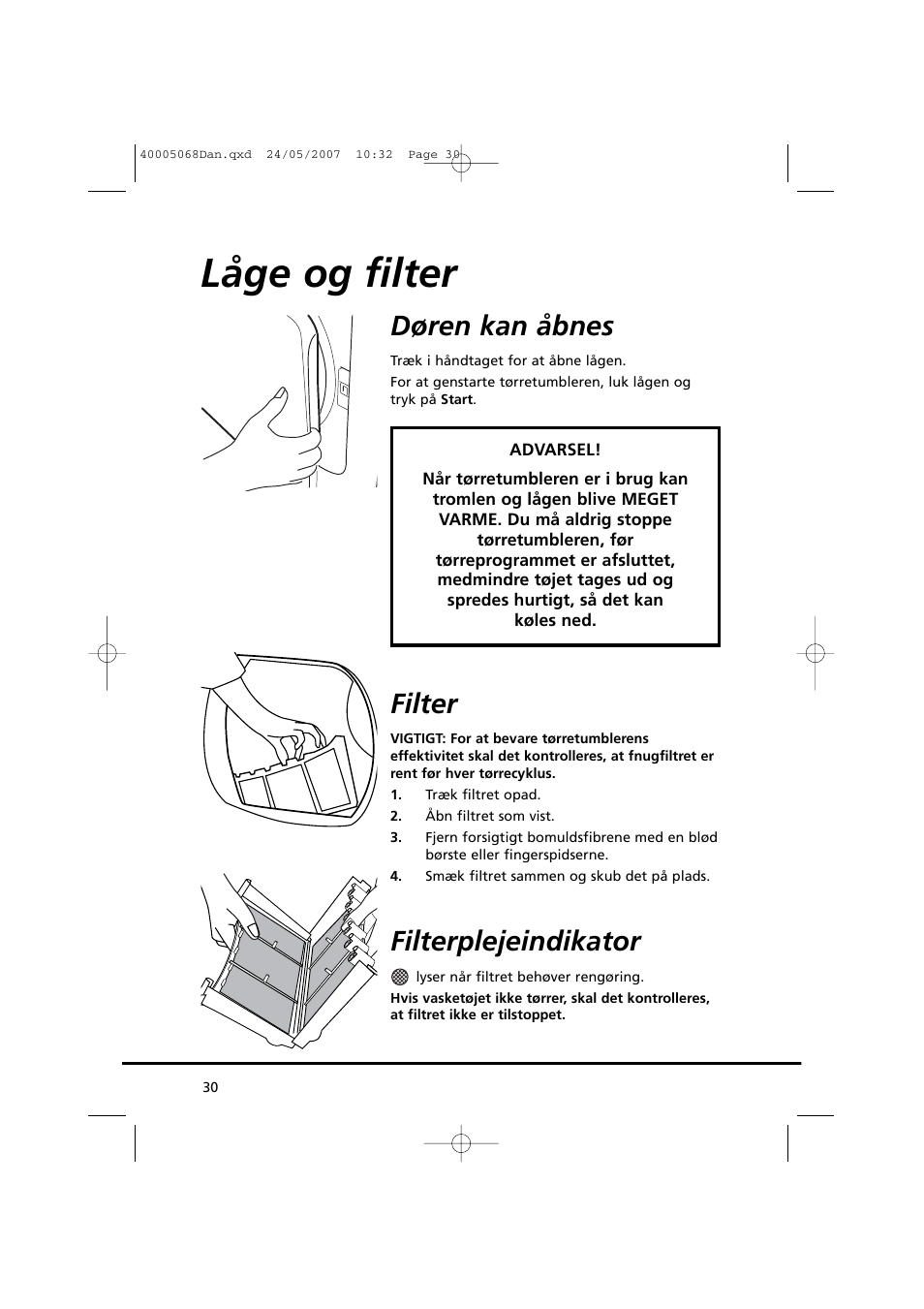 Låge og filter, Døren kan åbnes, Filter | Filterplejeindikator | Candy GO DC 78-86S User Manual | Page 30 / 92
