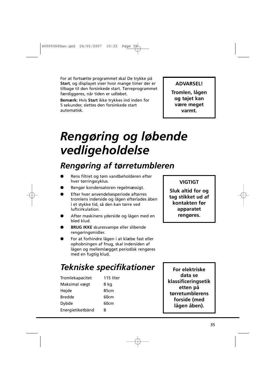 Rengøring og løbende vedligeholdelse, Rengøring af tørretumbleren, Tekniske specifikationer | Candy GO DC 78-86S User Manual | Page 35 / 92