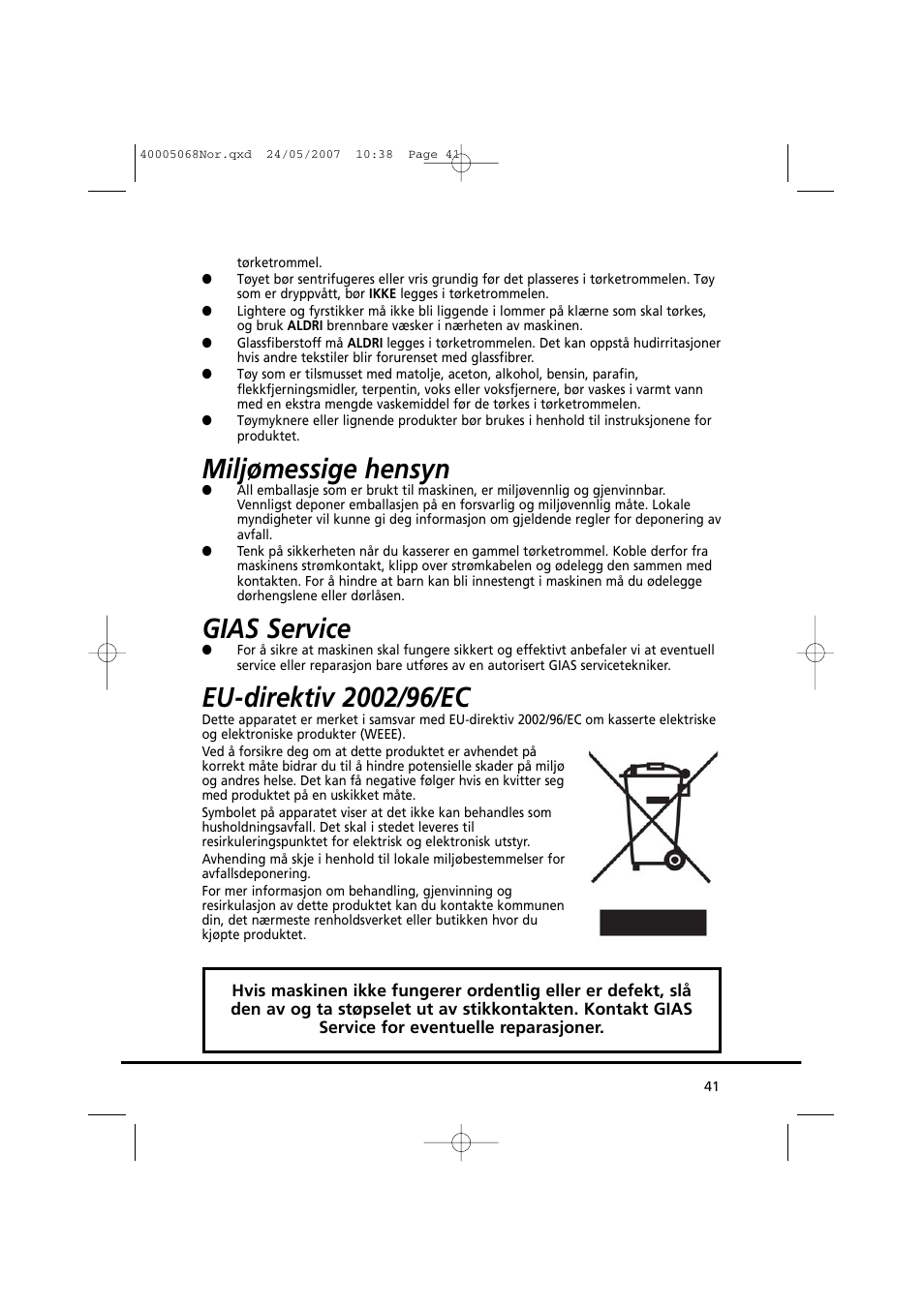 Miljømessige hensyn, Gias service | Candy GO DC 78-86S User Manual | Page 41 / 92