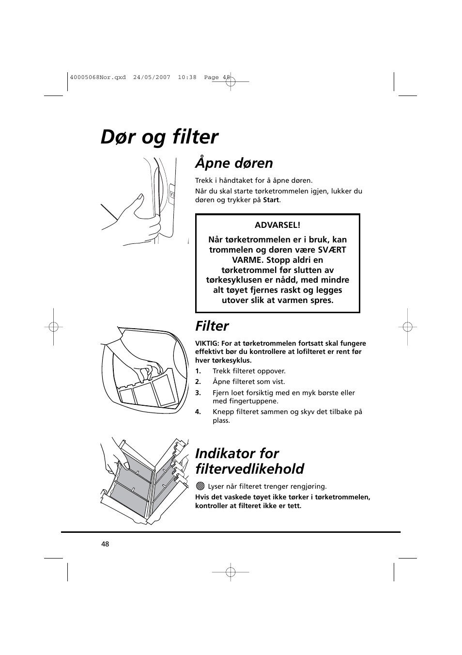 Dør og filter, Åpne døren, Filter | Indikator for filtervedlikehold | Candy GO DC 78-86S User Manual | Page 48 / 92