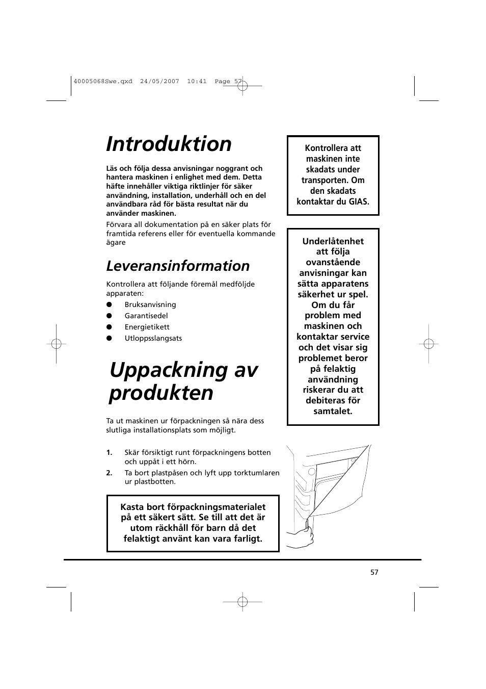 Introduktion, Uppackning av produkten, Leveransinformation | Candy GO DC 78-86S User Manual | Page 57 / 92