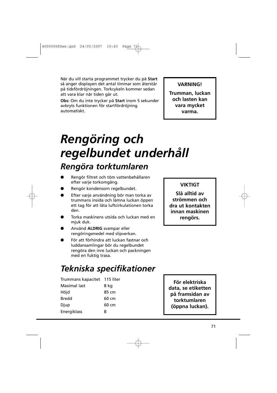 Rengöring och regelbundet underhåll, Rengöra torktumlaren, Tekniska specifikationer | Candy GO DC 78-86S User Manual | Page 71 / 92