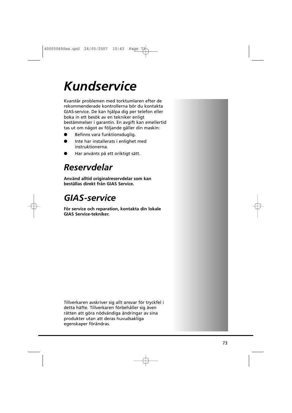 Kundservice, Reservdelar, Gias-service | Candy GO DC 78-86S User Manual | Page 73 / 92