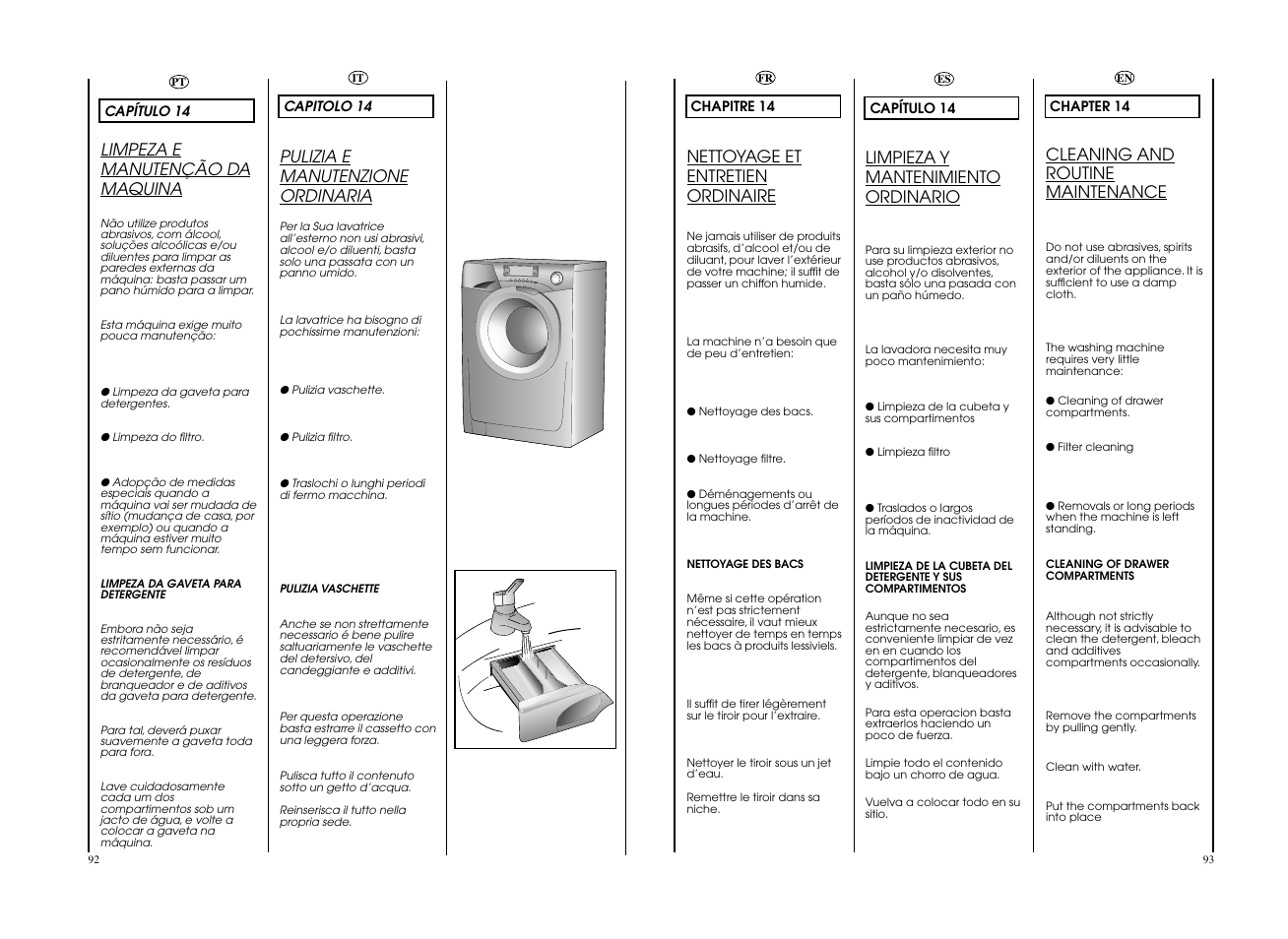 Pulizia e manutenzione ordinaria, Cleaning and routine maintenance, Limpeza e manutenção da maquina | Limpieza y mantenimiento ordinario, Nettoyage et entretien ordinaire | Candy EVOW 4964L-S User Manual | Page 47 / 57