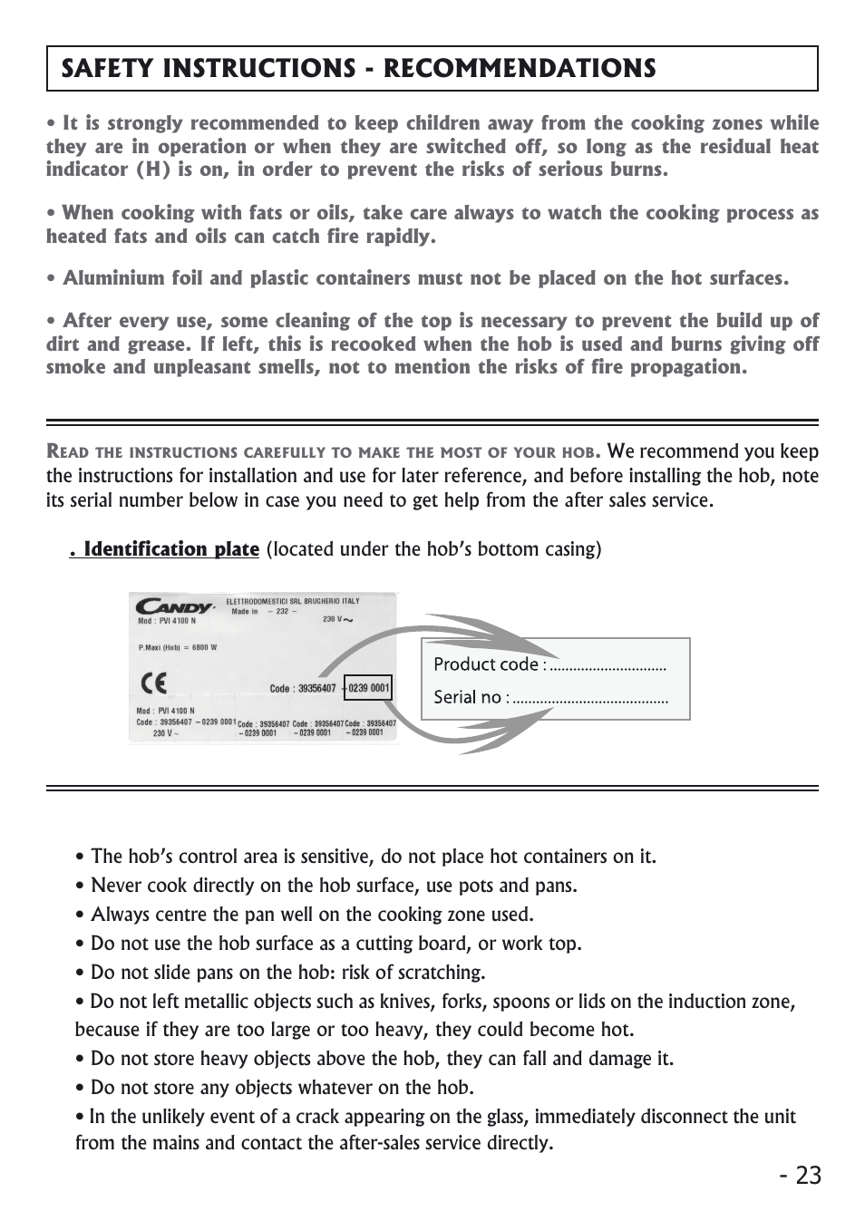 Safety instructions - recommendations | Candy PVI 4100 User Manual | Page 23 / 64