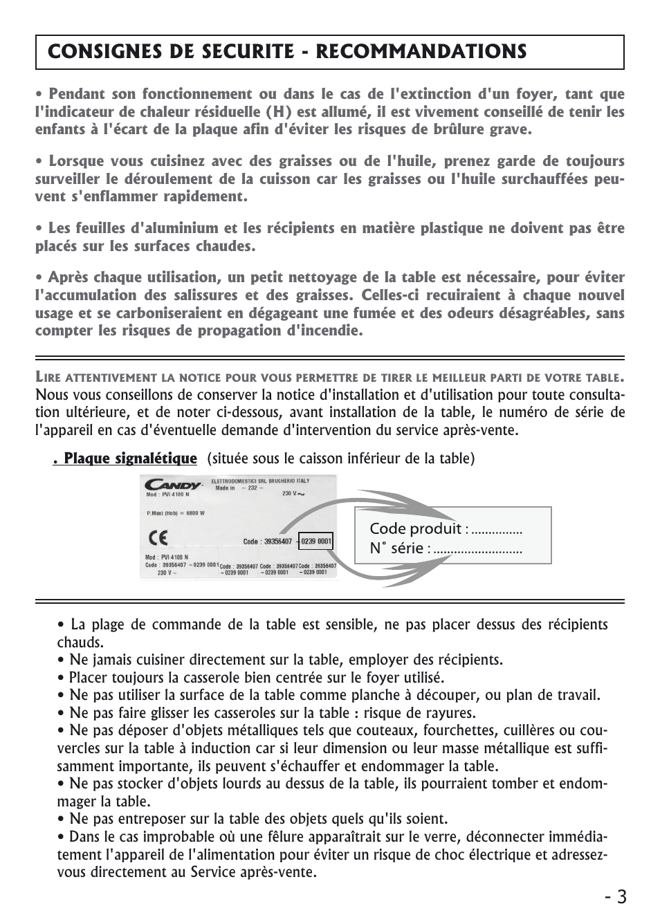Consignes de securite - recommandations | Candy PVI 4100 User Manual | Page 3 / 64