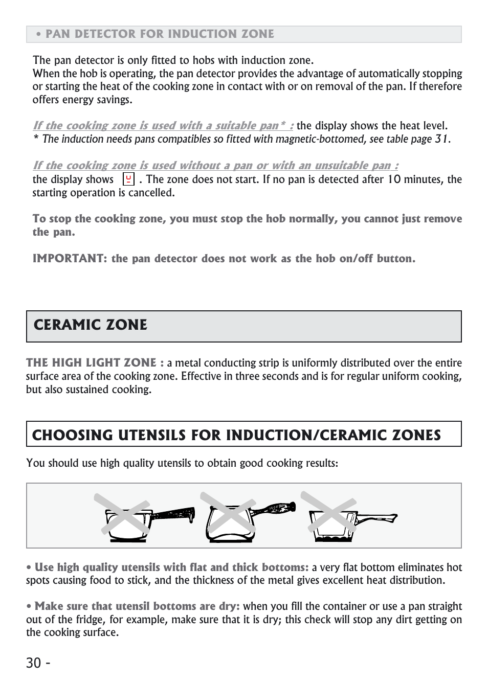 30 - choosing utensils for induction/ceramic zones, Ceramic zone | Candy PVI 4100 User Manual | Page 30 / 64