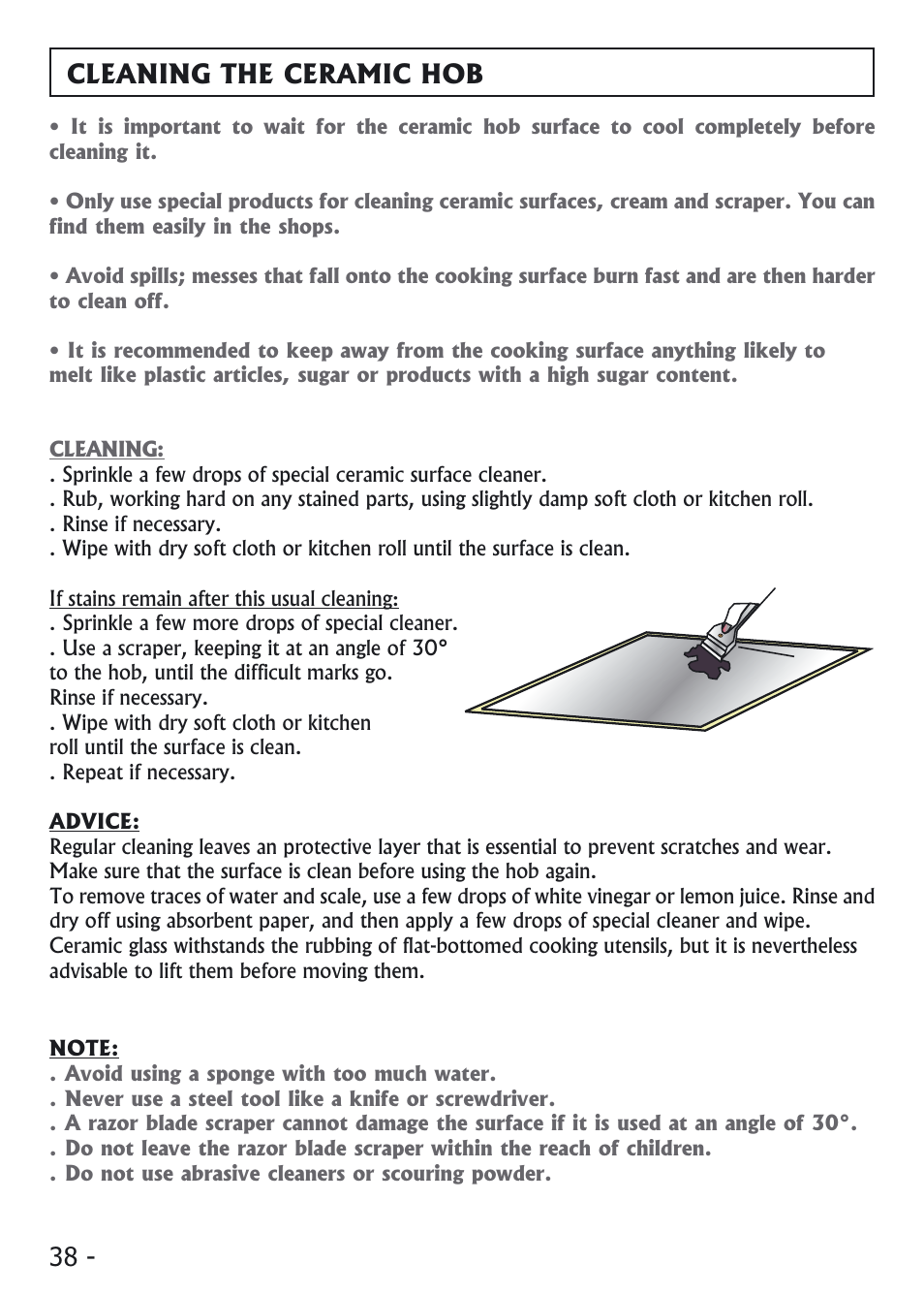 Cleaning the ceramic hob | Candy PVI 4100 User Manual | Page 38 / 64