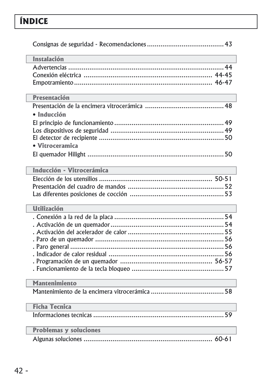 42 - índice | Candy PVI 4100 User Manual | Page 42 / 64