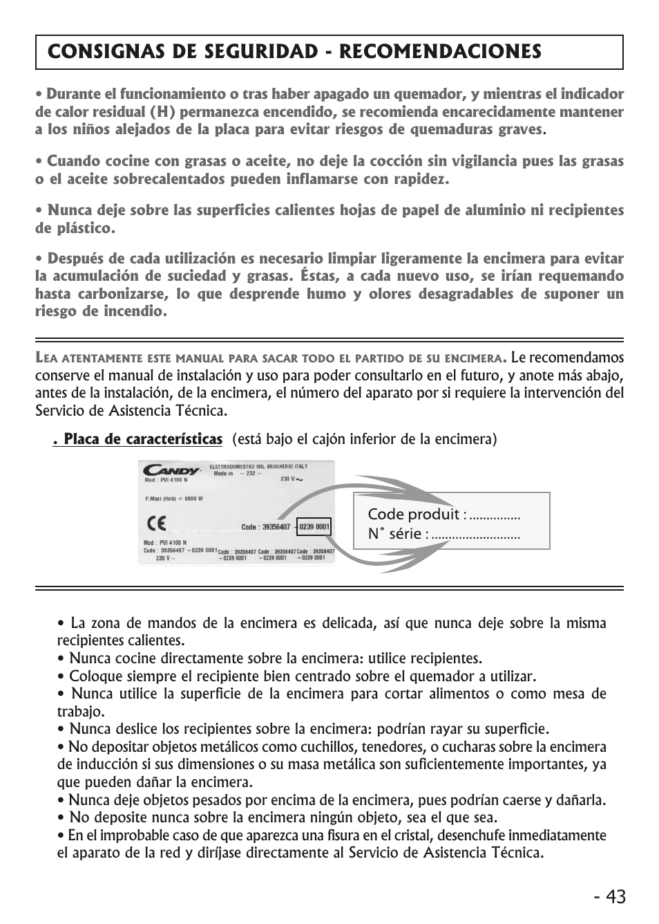 Consignas de seguridad - recomendaciones | Candy PVI 4100 User Manual | Page 43 / 64