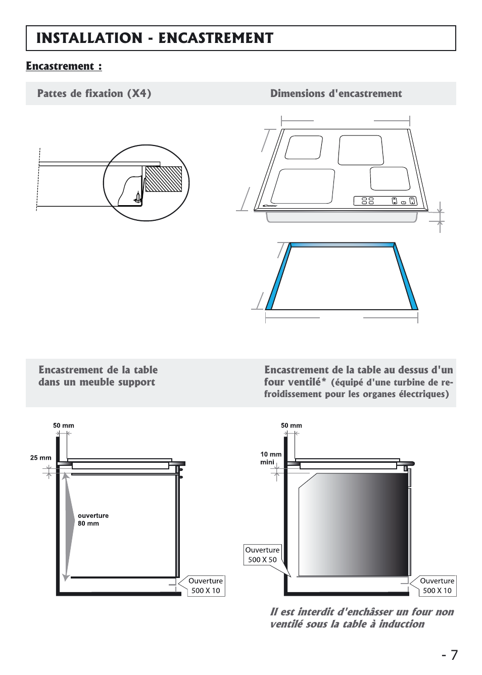 Installation - encastrement | Candy PVI 4100 User Manual | Page 7 / 64